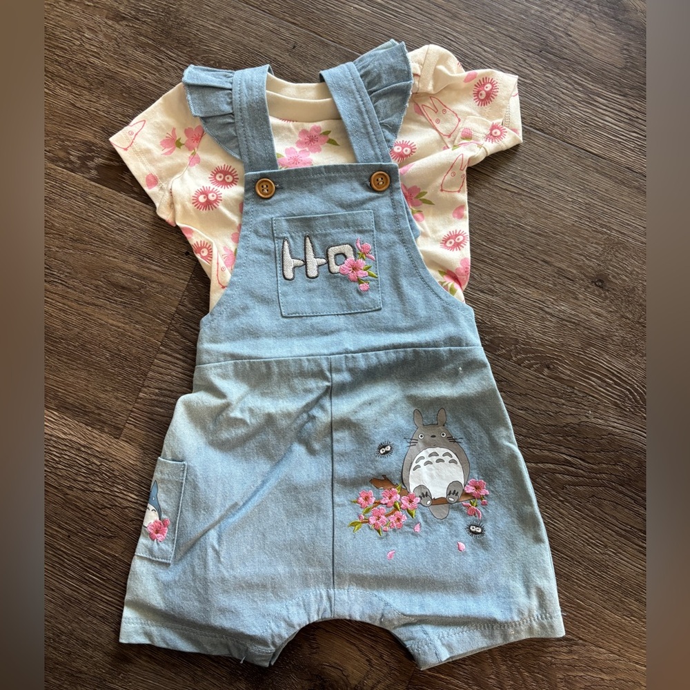 Baby size 6M Ghibli denim overall & totoro, soots printed tee 2pc set ,brand new